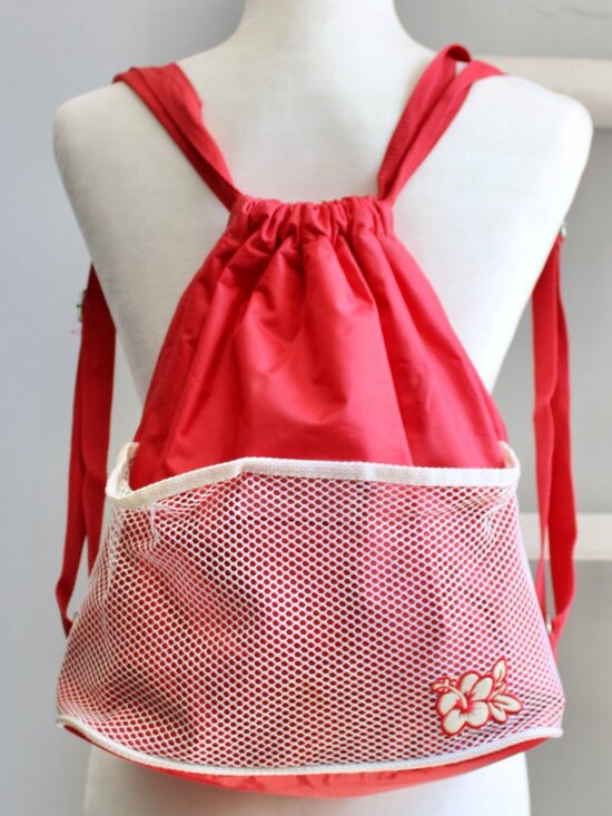 Vintage Handbags - Vintage Y2K Red Nylon Floral Mesh Drawstring Outdoors Beach Bag Mini Backpack